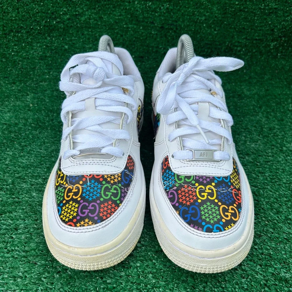 Nike Air Force 1 Low Custom Rainbow GG Monogram White Sneakers‎ 314192-117 5Y